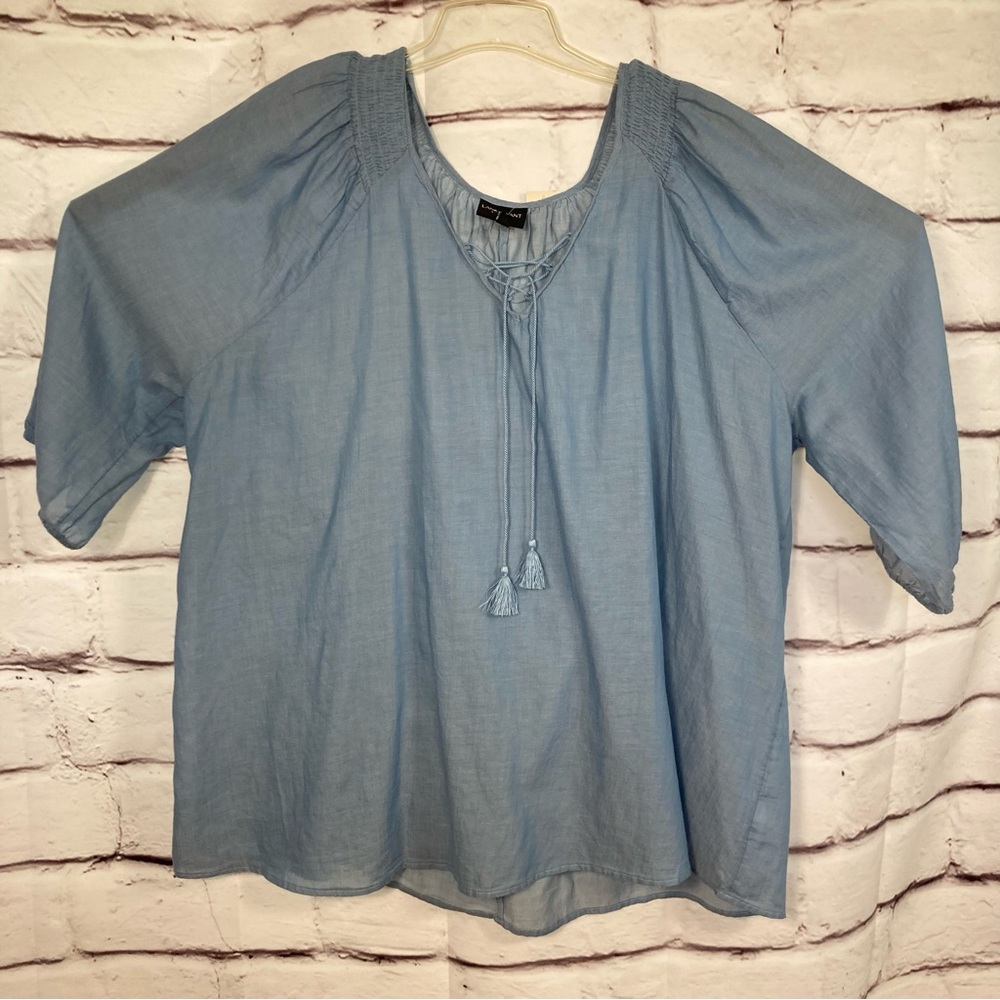 Lane Bryant Light Blue Peasant Blouse SZ 26/28 NWT Tie Front Blue 100% Cotton